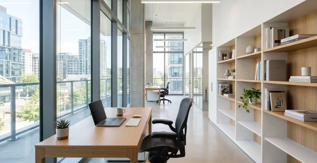 Bureau professionnel contemporain vide avec un ordinateur portable fermé sur un espace de travail épuré, baigné de lumière naturelle abondante