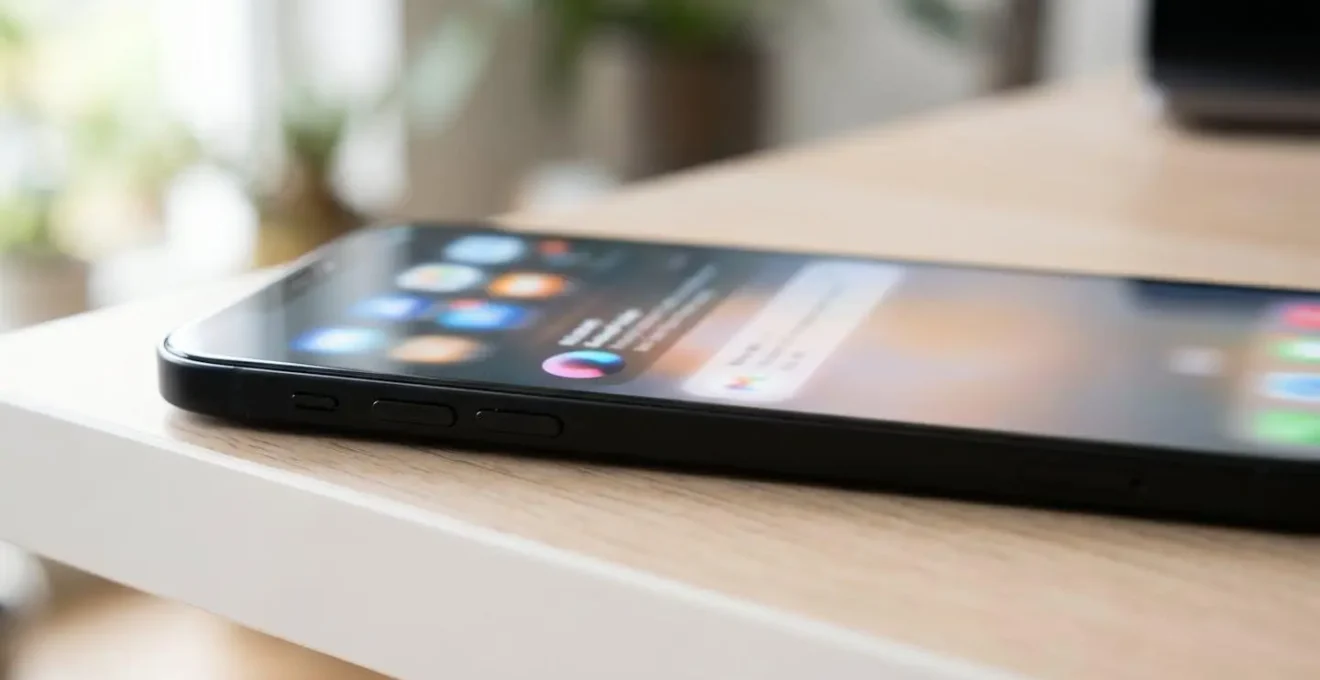 Gros plan sur un smartphone moderne posé sur un bureau affichant une notification d'horodatage sur son écran avec un arrière-plan flouté