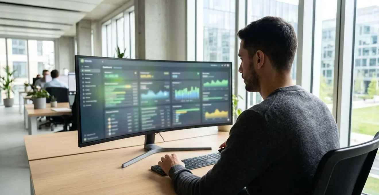 Un professionnel vu de dos consulte un tableau de bord numérique sur son écran d'ordinateur dans un bureau moderne éclairé par la lumière naturelle