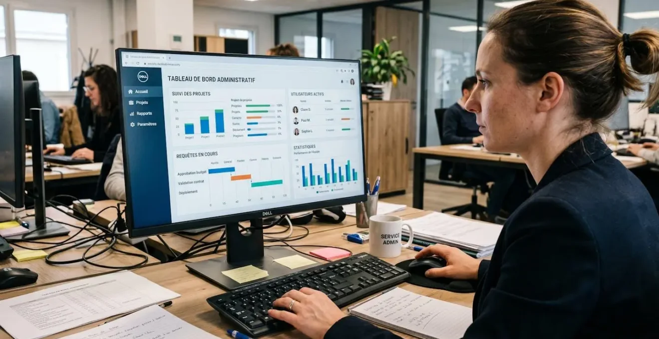 Interface de tableau de bord administratif professionnel affichant le suivi et la gestion centralisée des envois