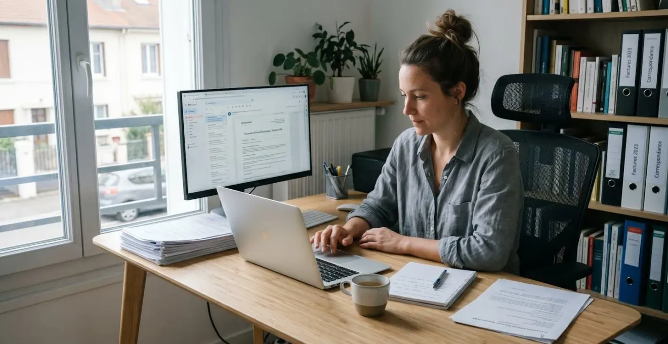 Professionnel travaillant depuis son bureau à domicile sur l'envoi de documents administratifs via ordinateur portable