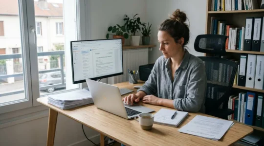 Professionnel travaillant depuis son bureau à domicile sur l'envoi de documents administratifs via ordinateur portable